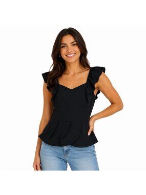 Moa Moa Women's Size M Black Ruffled Cap Sleeves Peplum Crop Top NWT